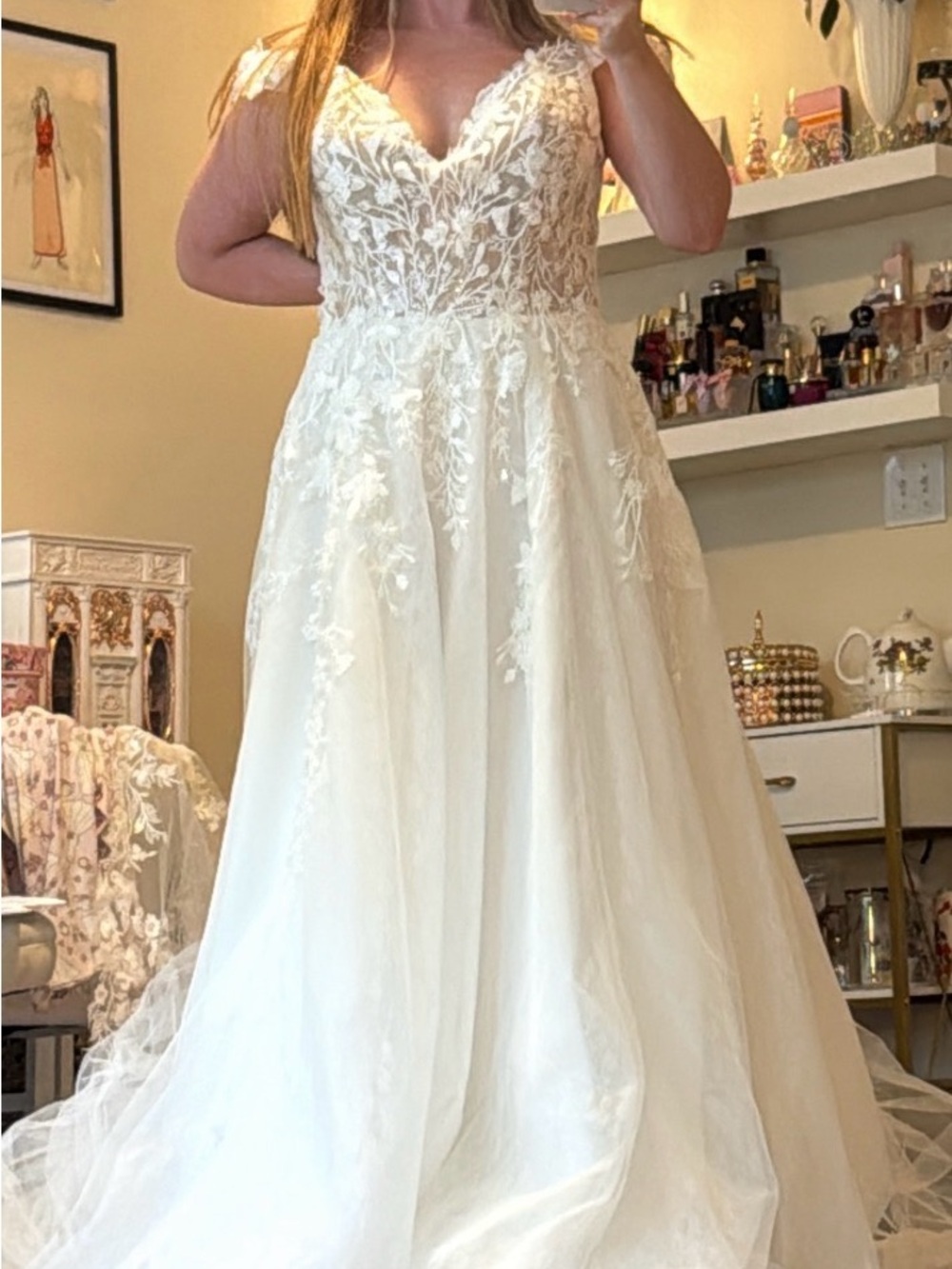 Elegant Lace Appliqué V-Neck Wedding Dress in Ivory